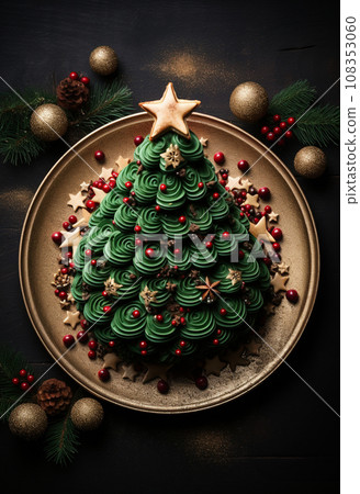 Christmas tree-shaped cake with green and white cream 108353060