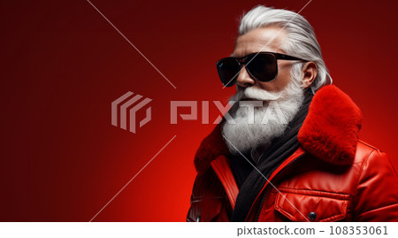 stylish modern santa claus with beard on red studio background stylish modern santa claus with beard on red studio background 108353061