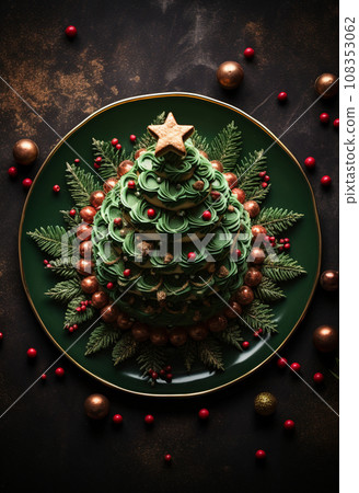 Christmas tree-shaped cake with green and white cream Christmas tree-shaped cake with green and white cream 108353062