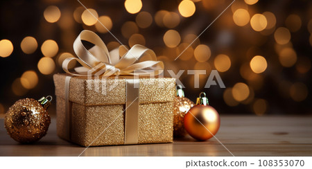 Christmas and New Year background - gift boxes on a background of bokeh garlands Christmas and New Year background - gift boxes on a background of bokeh garlands 108353070
