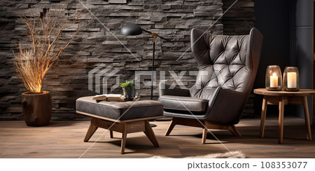 Interior layout of a room in dark gray tones and with modern furniture Interior layout of a room in dark gray tones and with modern furniture 108353077