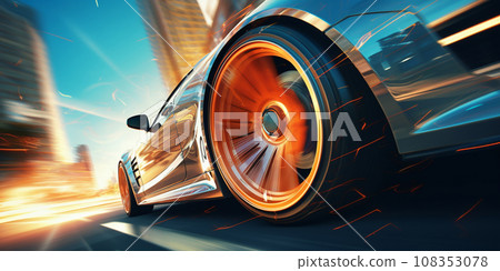Rear view of Business car on high speed in turn 108353078