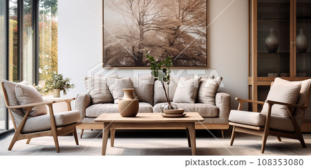Interior layout of a room in beige colors with modern wood furniture and a picture on the wall Interior layout of a room in beige colors with modern wood furniture and a picture on the wall 108353080