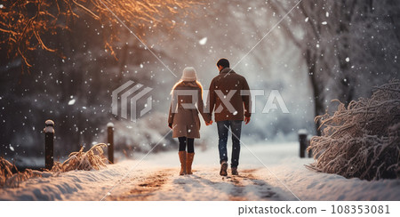 a couple in love holding hands and walking in a snowy park in the evening a couple in love holding hands and walking in a snowy park in the evening 108353081