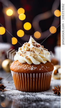 Tasty Christmas cupcake with snowflakes and festive decor on wooden table. Tasty Christmas cupcake with snowflakes and festive decor on wooden table. 108353082
