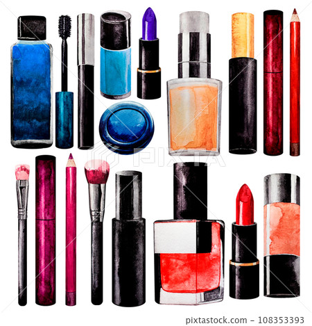 Professional set of decorative cosmetics on white background. Watercolor. Powder, mascara, blue lipstick, eyeliner, blush, oval sponge, nail polish, toner, micellar water. Isoleted 108353393