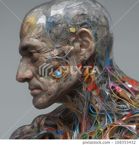 A man-machine with many wires around his body. 108353432