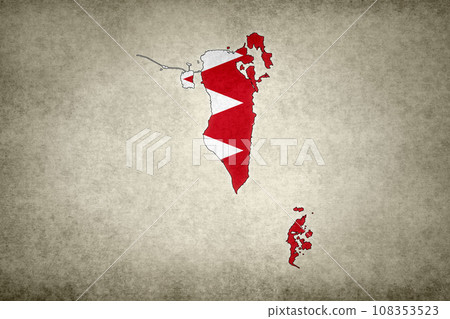 Map of Bahrain with its flag printed on a paper Map of Bahrain with its flag printed on a paper 108353523