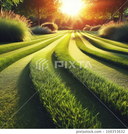 Perfectly striped freshly mowed garden lawn in summer 108353632