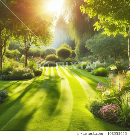 Perfectly striped freshly mowed garden lawn in summer 108353633