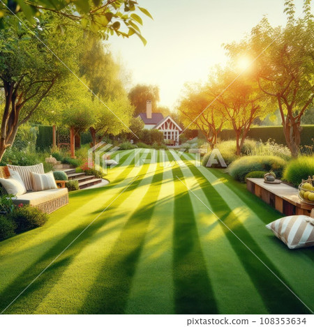 Perfectly striped freshly mowed garden lawn in summer 108353634
