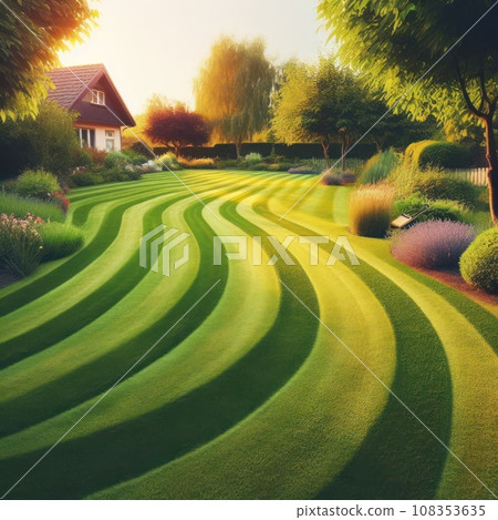 Perfectly striped freshly mowed garden lawn in summer 108353635