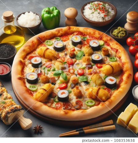 Pizza and sushi rolls tempura and bake rolls on the background of ingredients .Pizza, sushi food photo for menu. Combo set of rolls and pizza. Pizza and sushi rolls tempura and bake rolls on the background of ingredients .Pizza, sushi food photo for menu. Combo set of rolls and pizza. 108353638