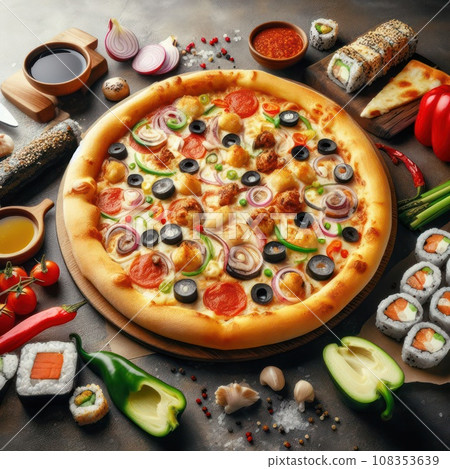 Pizza and sushi rolls tempura and bake rolls on the background of ingredients .Pizza, sushi food photo for menu. Combo set of rolls and pizza. 108353639