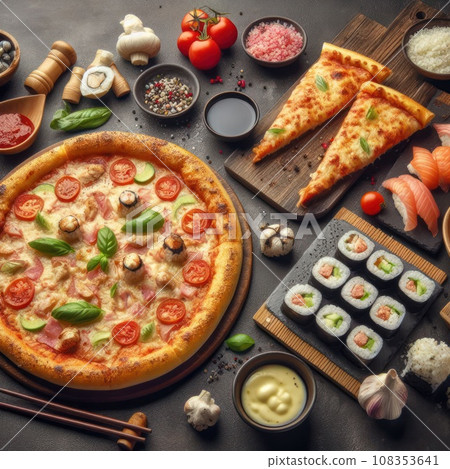 Pizza and sushi rolls tempura and bake rolls on the background of ingredients .Pizza, sushi food photo for menu. Combo set of rolls and pizza. Pizza and sushi rolls tempura and bake rolls on the background of ingredients .Pizza, sushi food photo for menu. Combo set of rolls and pizza. 108353641