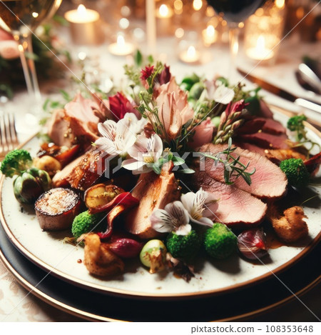 close up photo of plate with meat dish on some festive event, party or wedding reception. macro lens. 108353648