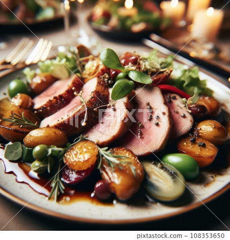 close up photo of plate with meat dish on some festive event, party or wedding reception. macro lens. 108353650