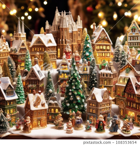 photo of Christmas decoration for sale on advent market. Decorative miniature city houses. hand made. new year tree figures 108353654