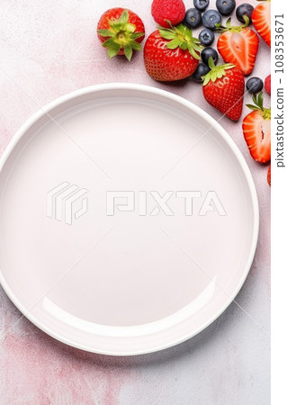 Empty plate with fresh berries on bright background, top view, copy space. Empty plate with fresh berries on bright background, top view, copy space. 108353671
