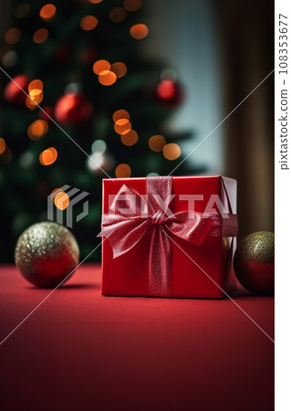 Red Christmas gift box with red ribbon in front of Christmas tree, copy space Red Christmas gift box with red ribbon in front of Christmas tree, copy space 108353677