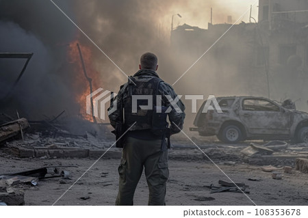 Concept of war, military man from behind with destroyed city on background, dark smoke and burning buildings, nuclear accident or terrorism. Concept of war, military man from behind with destroyed city on background, dark smoke and burning buildings, nuclear accident or terrorism. 108353678