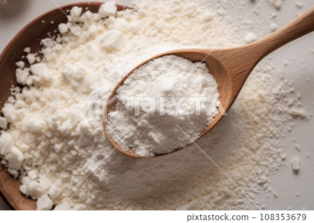 Collagen powder in a spoon, sports nutrition, food supplement. Collagen powder in a spoon, sports nutrition, food supplement. 108353679