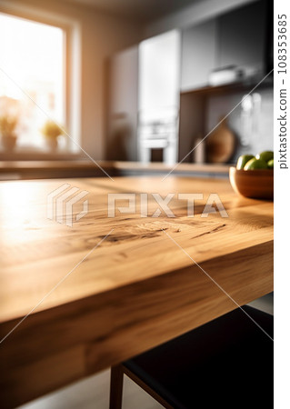 Kitchen interior mockup. Wooden table top and blurred defocused modern kitchen interior background. Kitchen interior mockup. Wooden table top and blurred defocused modern kitchen interior background. 108353685