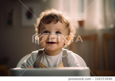 Happy baby toddler child sitting in chair, feeding baby 108353690