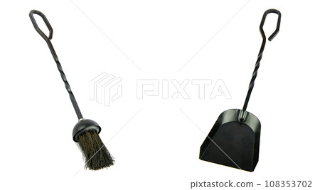 Scoop and brush for cleaning ash isolated on white. Free space for text. Collage. Scoop and brush for cleaning ash isolated on white. Free space for text. Collage. 108353702