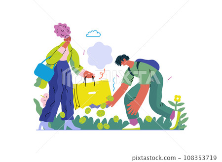 Mutual Support: Pick up fallen item -modern flat vector concept illustration of man collecting fruits that fell from woman's bag A metaphor of voluntary, collaborative exchanges of resource, services 108353719