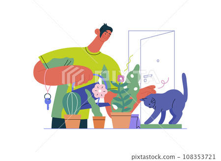 Mutual Support: Look after neighbor's house -modern flat vector concept illustration of man watering plants, looking after neighbors' cat A metaphor of voluntary, collaborative exchanges of services 108353721