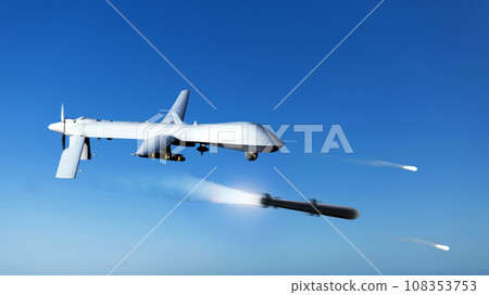 Combat drone flies high in the sky and shoots missiles, concept. Modern warfare and drones. Attack and danger. Rocket Combat drone flies high in the sky and shoots missiles, concept. Modern warfare and drones. Attack and danger. Rocket 108353753