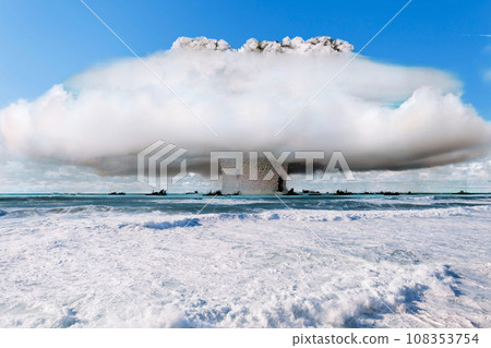 Nuclear explosion testing a hydrogen bomb at sea in water with a wave and a mushroom of smoke, concept. Nuclear war and explosion. Strength and power, creative idea 108353754
