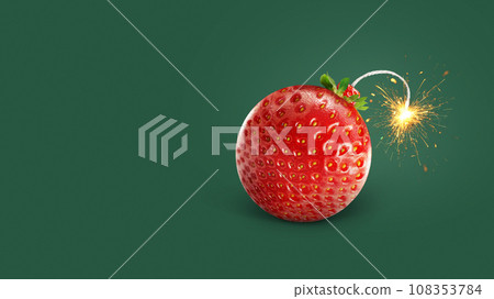 Delicious creative juicy strawberry bomb with wick and sparks burns on a green background, concept. Vitamins and summer time, creative idea. Delicious creative juicy strawberry bomb with wick and sparks burns on a green background, concept. Vitamins and summer time, creative idea. 108353784