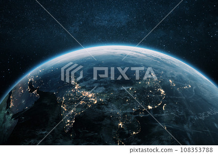Beautiful planet Earth with night lights of Asian cities views from space. Amazing night planet Earth in view of India, China, Korea and Japan. Development, economics and technology, concept 108353788