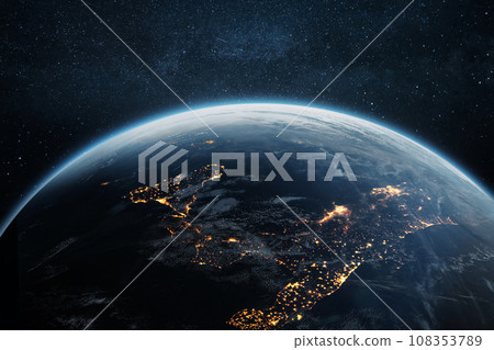 Beautiful blue planet Earth with night lights of Italian cities in starry space. Technology and science, concept. Beautiful blue planet Earth with night lights of Italian cities in starry space. Technology and science, concept. 108353789