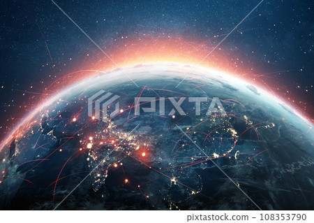 Beautiful blue planet earth with light red lines of communication, creative idea. Transfer and data transmission, concept. Journey. Technology and Communication Beautiful blue planet earth with light red lines of communication, creative idea. Transfer and data transmission, concept. Journey. Technology and Communication 108353790
