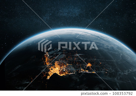 Beautiful night city of Istanbul with city lights from space. Amazing blue planet earth in space with night city of Istanbul, Turkey. Beautiful night city of Istanbul with city lights from space. Amazing blue planet earth in space with night city of Istanbul, Turkey. 108353792
