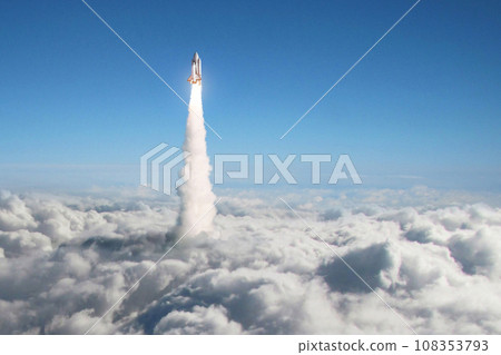 Space shuttle rocket lift off through the clouds into sky. Spaceship launch above the clouds. Space mission, transport and science. Rocket fly, creative idea Space shuttle rocket lift off through the clouds into sky. Spaceship launch above the clouds. Space mission, transport and science. Rocket fly, creative idea 108353793