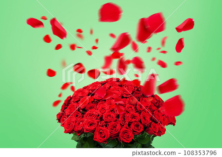 Beautiful bouquet of red roses with flying petals on a green background. Valentine's Day and romance, creative idea. Love 108353796