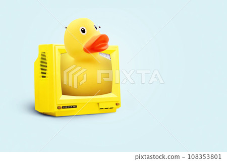 Creative yellow duck crawls out of vintage TV, the concept of mass media. Yellow press and mass video advertising, creative idea. Creative yellow duck crawls out of vintage TV, the concept of mass media. Yellow press and mass video advertising, creative idea. 108353801