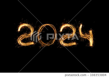 New Year 2024 light. Sparklers draw figures 2024. Bengal lights and letter. Holidays. Luxury 108353804