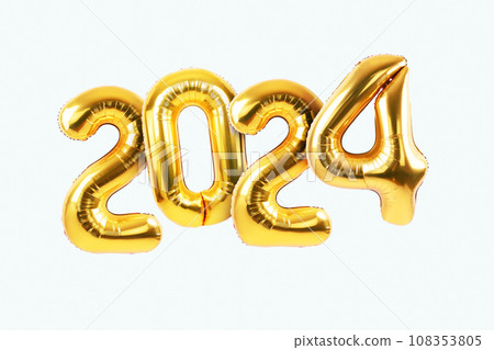 Happy new year 2024 metallic gold foil balloons on a white background. Golden helium balloons number 2024 New Year. 108353805