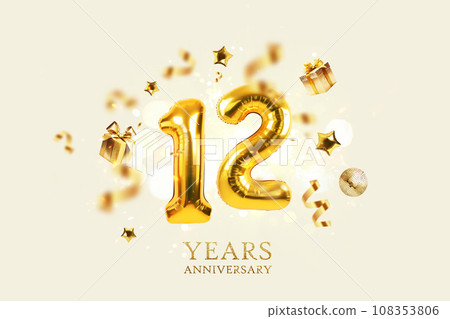 Gold festive balloons 12 year anniversary with golden confetti, presents, mirror ball and stars fly on a beige background with bokeh lights and sparks. Birthday luxury twelve card, a creative idea 108353806