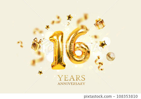 Gold festive balloons 16 years anniversary with golden confetti, presents, mirror ball and stars fly on a beige background with bokeh lights and sparks. Birthday luxury sixteen card, a creative idea 108353810
