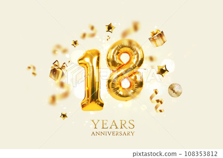 Gold festive balloons 18 years anniversary with golden confetti, presents, mirror ball and stars fly on a beige background with bokeh lights and sparks. Birthday luxury eighteen card, a creative idea Gold festive balloons 18 years anniversary with golden confetti, presents, mirror ball and stars fly on a beige background with bokeh lights and sparks. Birthday luxury eighteen card, a creative idea 108353812