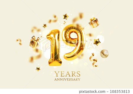 Gold festive balloons 19 years anniversary with golden confetti, presents, mirror ball and stars fly on a beige background with bokeh lights and sparks. Birthday luxury nineteen card, a creative idea Gold festive balloons 19 years anniversary with golden confetti, presents, mirror ball and stars fly on a beige background with bokeh lights and sparks. Birthday luxury nineteen card, a creative idea 108353813