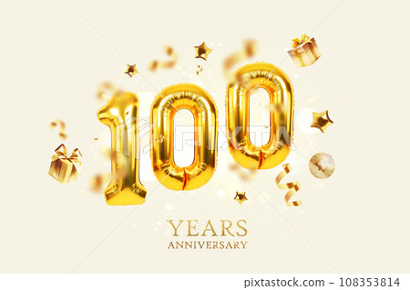 Gold Balloons 100 with golden gifts, confetti, stars and a mirrored balloon on a beige background with sparkles and bokeh lights. One hundred years Anniversary, creative idea. Luxury Card 108353814