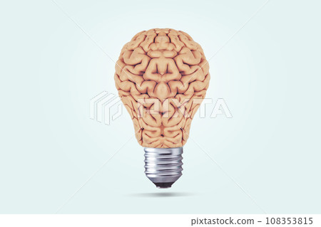 Creative light bulb brain on a light blue background. Brainstorm. Think differently, concept. Creative thinking. Mind, creative idea Creative light bulb brain on a light blue background. Brainstorm. Think differently, concept. Creative thinking. Mind, creative idea 108353815