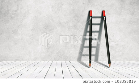 Success creative concept, pencil Ladder. Pencils stand near a concrete wall with a shadow of a ladder, creative idea. Development and success. Think differently. Free copy space for design 108353819